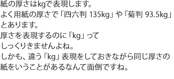 紙の厚さはkgで表現します。よく用紙の厚さで「四六判 135kg」や「菊判 93.5kg」とあります。厚さを表現するのに「kg」ってしっくりきませんよね。しかも、違う「kg」表現をしておきながら同じ厚さの紙をいうことがあるなんて面倒ですね。