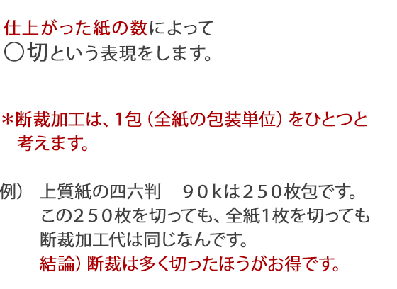 仕上がった紙の数によって○切という表現をします。 ＊断裁加工は、1包（全紙の包装単位）をひとつと考えます。 例） 上質紙の四六判90kは250枚包です。この250枚を切っても、全紙1枚を切っても断裁加工代は同じなんです。 結論）断裁は多く切ったほうがお得です。